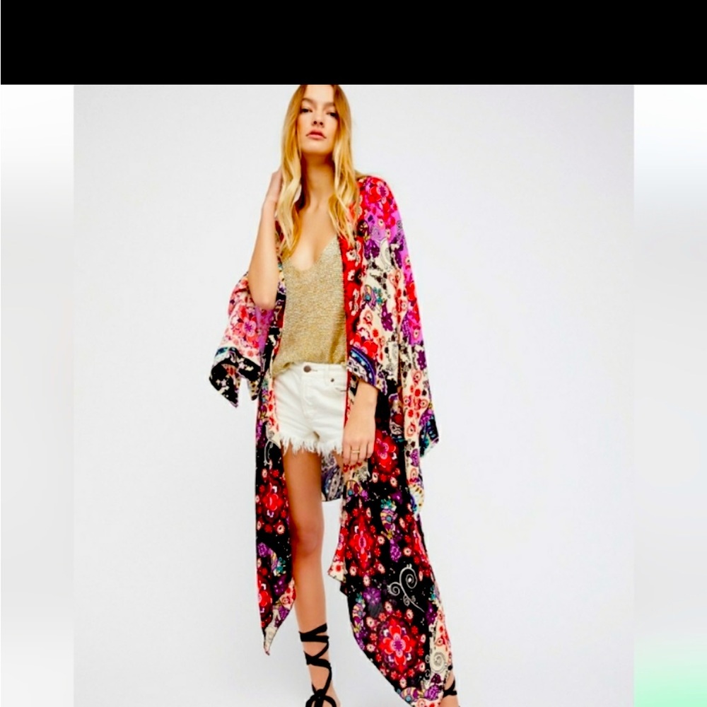 Free People Kimono Little Wing Mixed Print Long Cardigan Coverup All Tous
